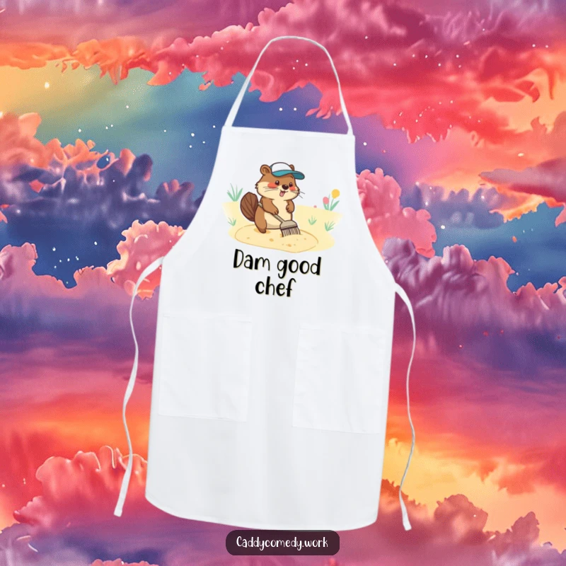 Funny apron showing a diligent beaver character raking a sand trap, ready for kitchen work.