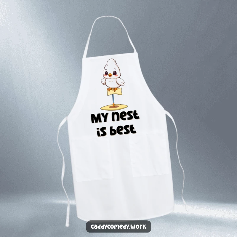 Funny bird golfer apron with a cheerful bird on a golf flag, practical and humorous kitchen wear, a funny gift.