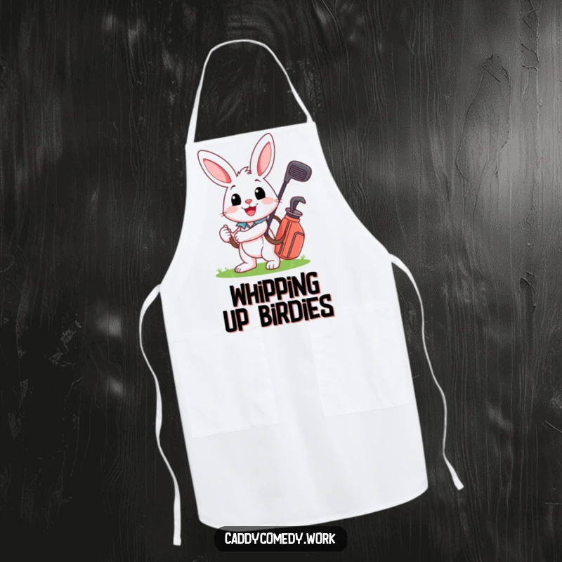 Funny apron featuring a smiling rabbit carrying a golf bag, ideal for chefs who love golf and humor.