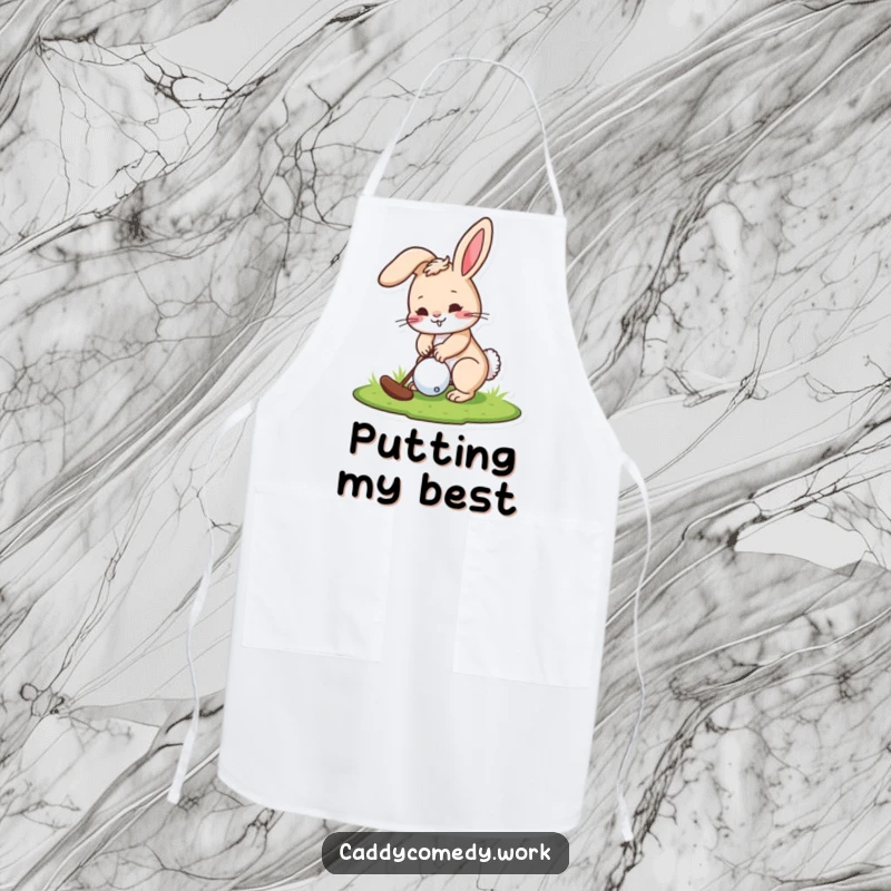 Funny apron with a playful rabbit character focused on putting a golf ball, ready for kitchen duty.