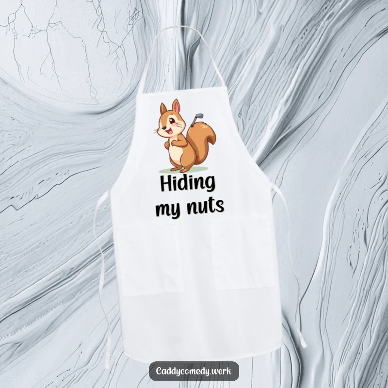 Funny apron showing a cheerful squirrel character dressed as a golfer, complete with a golf bag, ready to cook.