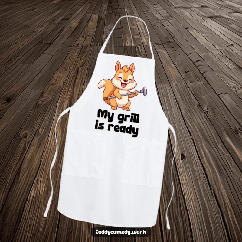 Funny squirrel golfer apron showing a happy squirrel holding a golf club, perfect for a humorous cooking or grilling gift.
