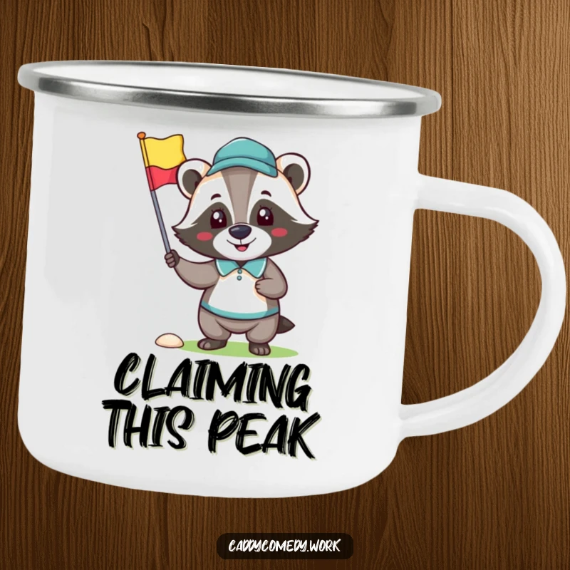 Funny camping mug of a happy badger character holding a golf flag, perfect for outdoor celebrations.