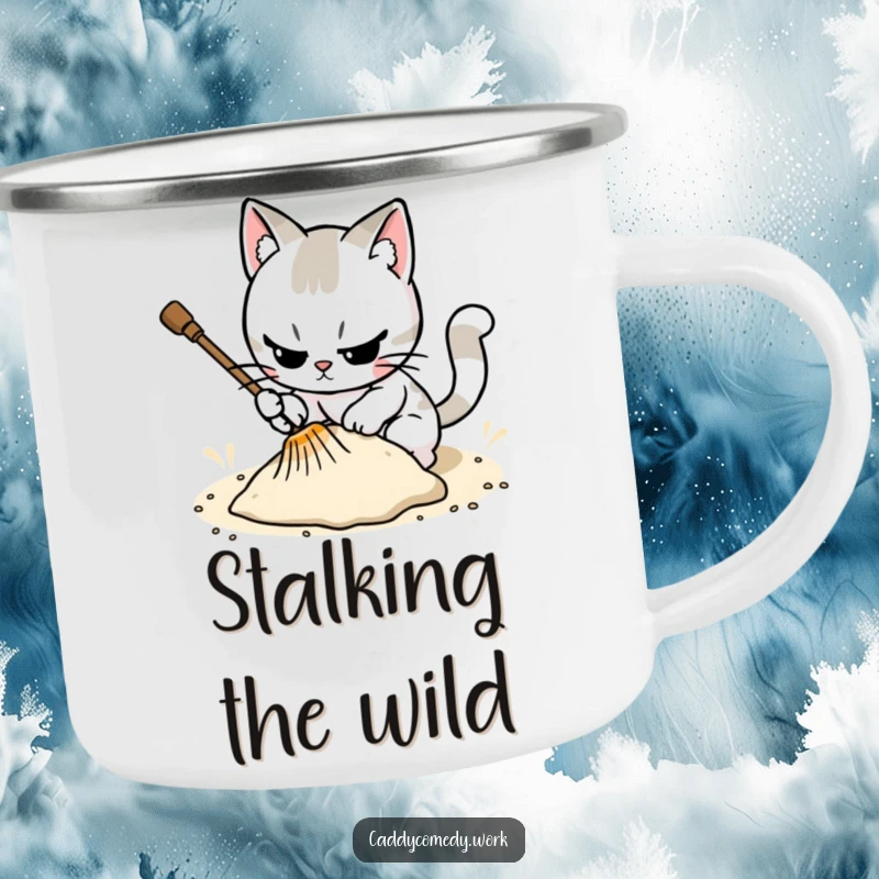 Funny camping mug with a cat meticulously raking a sand trap, perfect for focused humor and cat lovers.