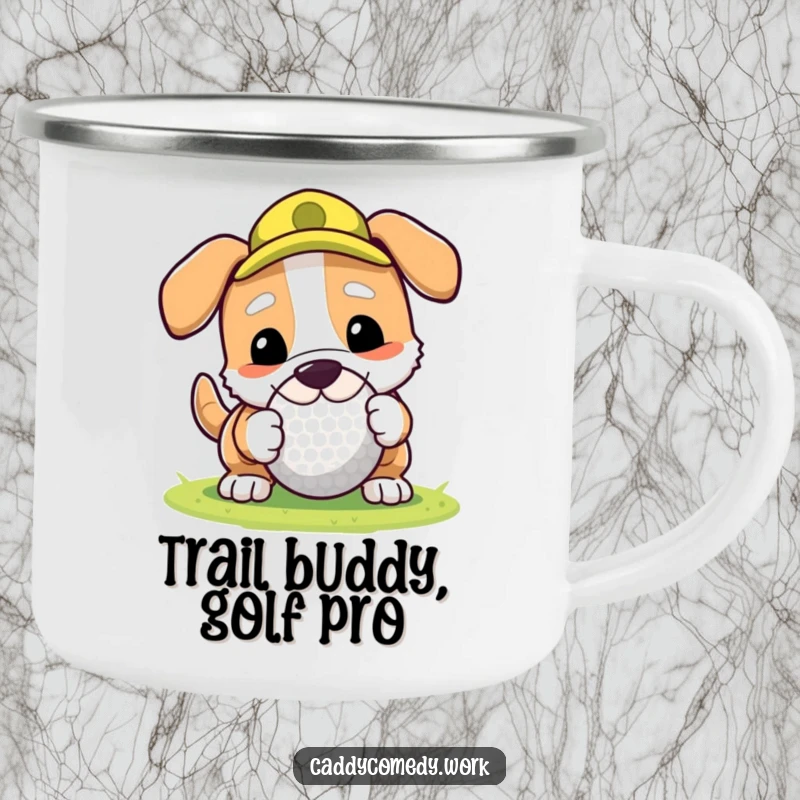 Funny camping mug with a dog rolling a golf ball with its nose, perfect for outdoor humor and dog lovers.