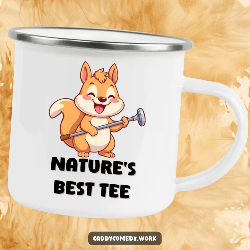 Funny squirrel golfer camping mug showing a happy squirrel with a golf club, perfect for outdoor laughs, a funny gift.