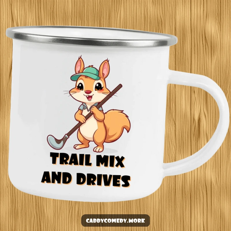 Funny camping mug with a cute squirrel caddying a huge golf club, perfect for outdoor humor and coffee lovers.