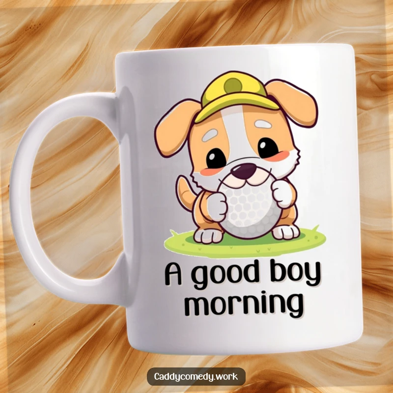 Funny dog character playfully rolling a golf ball with its nose, a humorous and adorable golfing scene.