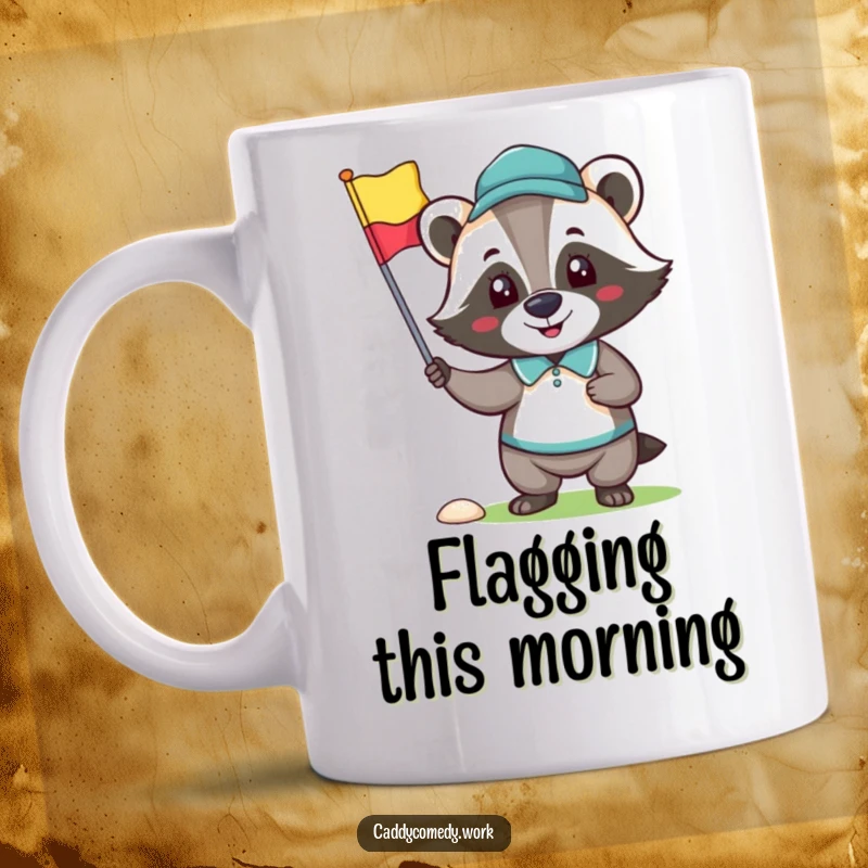 Funny mug featuring a happy badger character proudly holding a golf flag on the green.