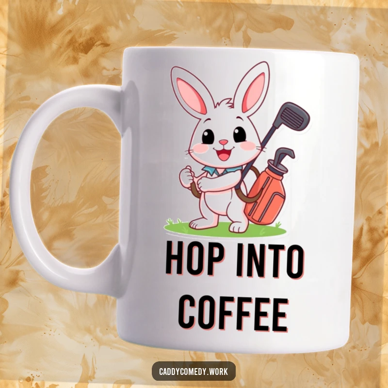 Funny rabbit character with a big smile carrying a golf bag, radiating happiness, perfect for golf enthusiasts.