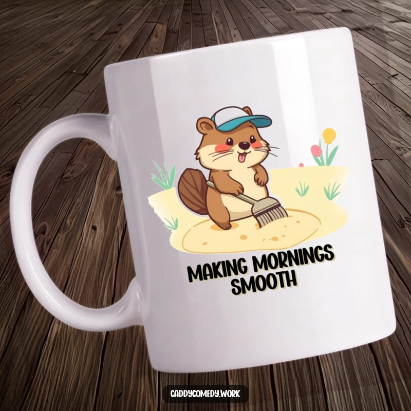 Funny mug featuring a diligent beaver character focused on raking a sand trap on a golf course.
