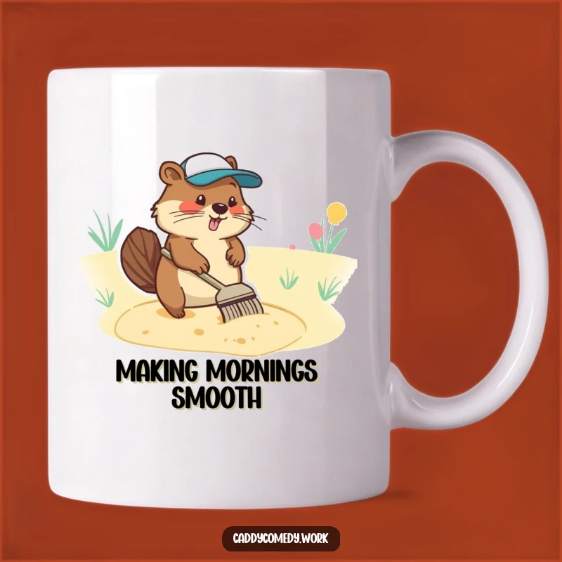 Funny Beaver Golfer Mug: Diligent Character Raking Sand Trap Gift