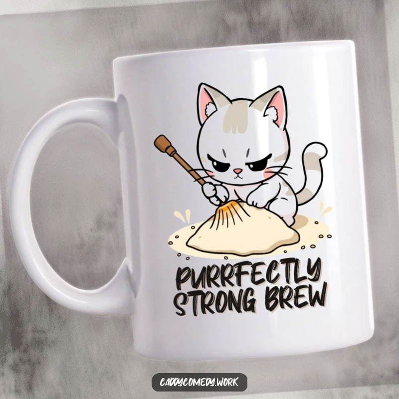 Funny cat character meticulously raking a sand trap with intense focus, embodying perfectionism.