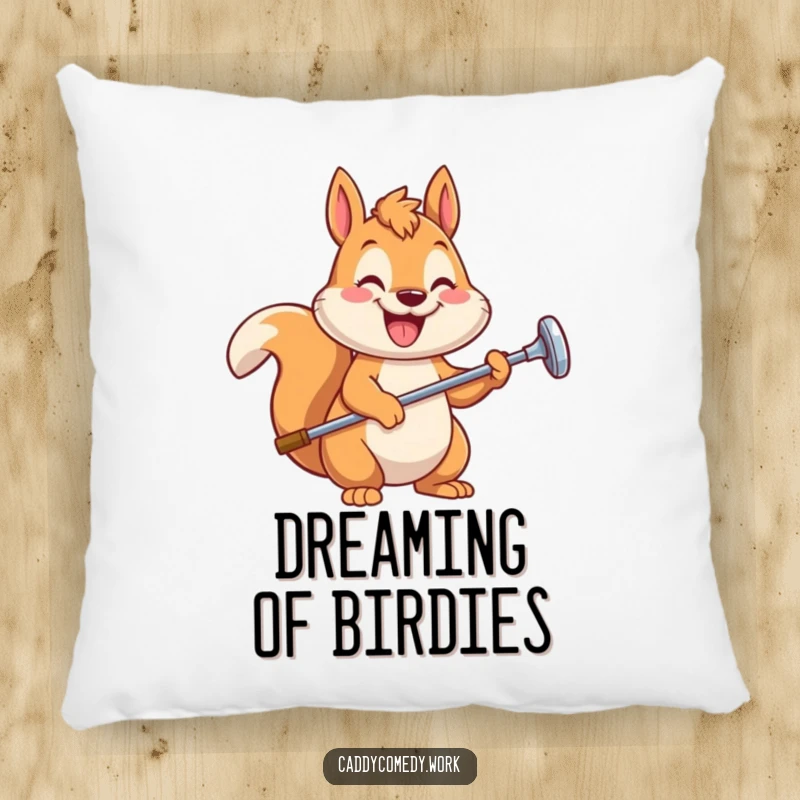 Funny squirrel golfer pillow featuring a happy, grinning squirrel with a golf club, a soft and humorous decorative item, funny gift.