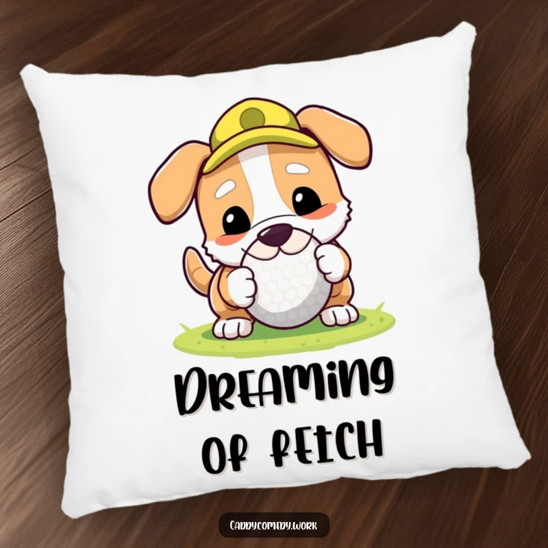 Funny, soft pillow featuring a dog character rolling a golf ball with its nose, adding playful decor.