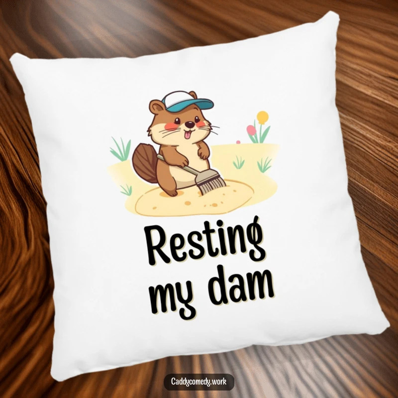 Funny pillow featuring a diligent beaver golfer character raking a sand trap, perfect for cozy, humorous decor.