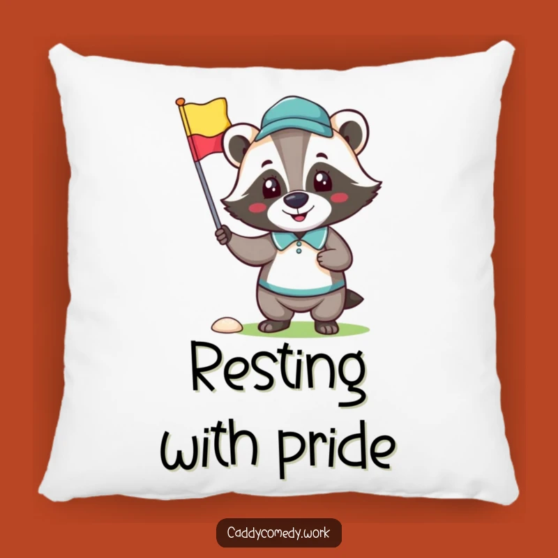 Funny Badger Golfer Pillow: Happy Character Holding Golf Flag Accent