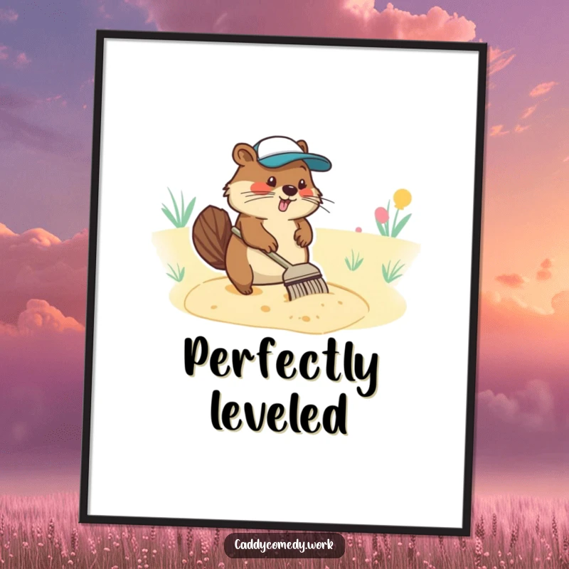Funny digital art print of a diligent beaver character raking a sand trap, ideal for humorous decor.