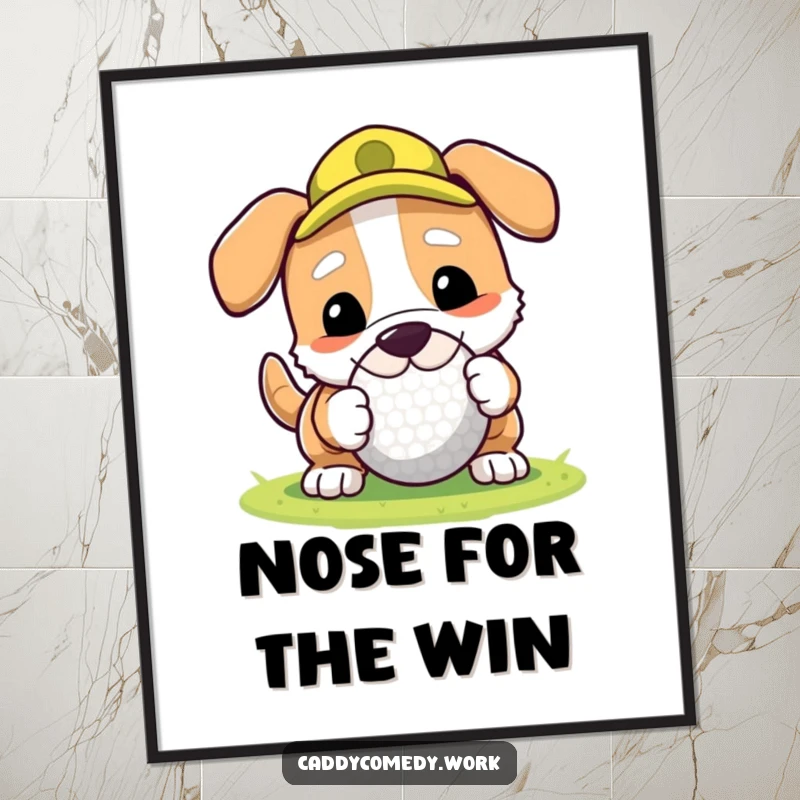 Funny dog rolling a golf ball with its nose, high-resolution digital art print for playful wall decor.