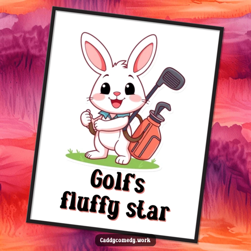 Funny rabbit carrying a golf bag with a big smile, high-resolution digital art print for cheerful wall decor.