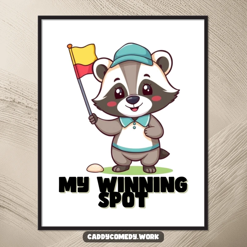 Funny digital art print of a happy badger character holding a golf flag, capturing golf success and humor.