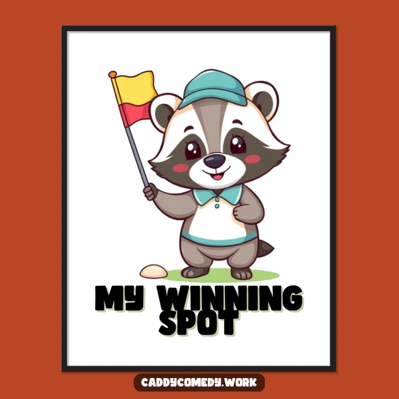 Funny Badger Golfer Digital Art Print: Happy Character Holding Flag Decor