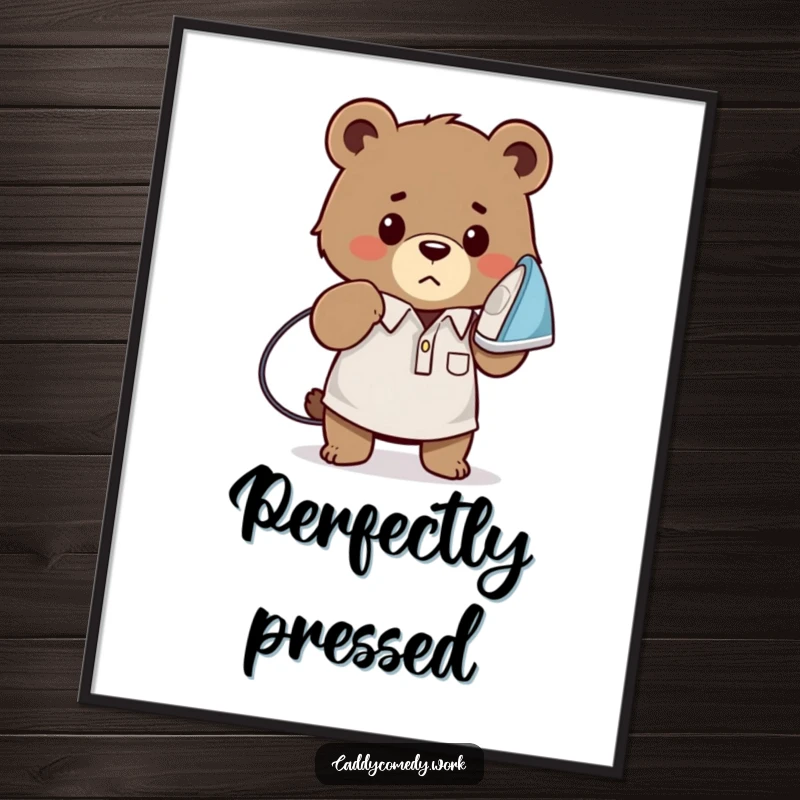 Funny bear golfer digital art print of a determined bear ironing a golf shirt, humorous wall decor for golf enthusiasts, a funny gift.