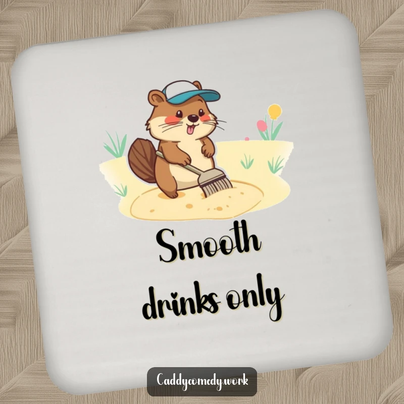 Funny drink coaster showing a diligent beaver character raking a sand trap, protecting tables with care.