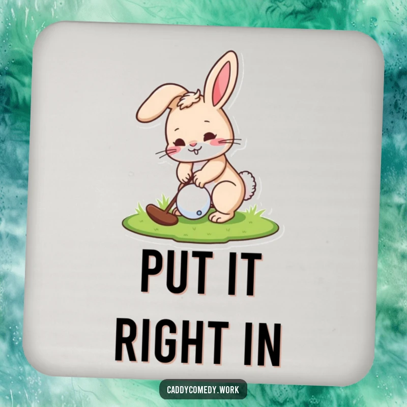 Funny drink coaster showing a playful rabbit golfer character putting a golf ball, protecting surfaces with charm.