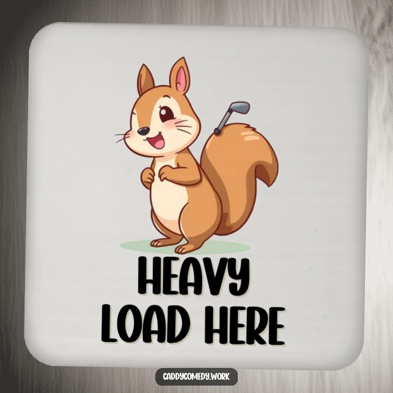 Funny drink coaster depicting a cheerful squirrel golfer character holding a golf bag, protecting tables with humor.
