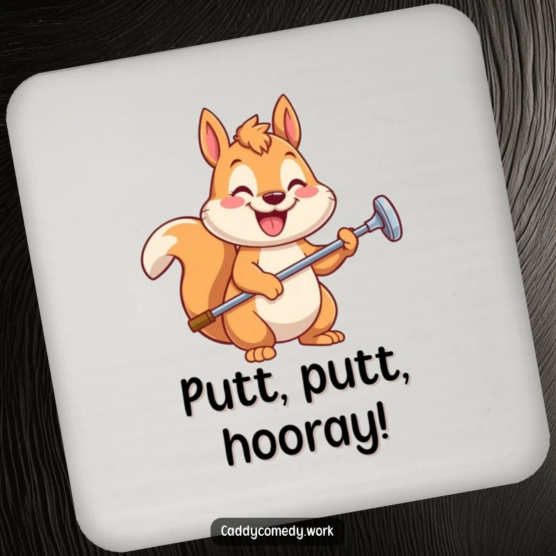 Funny squirrel golfer drink coasters featuring a happy squirrel with a golf club, protecting surfaces with humor, a funny gift.