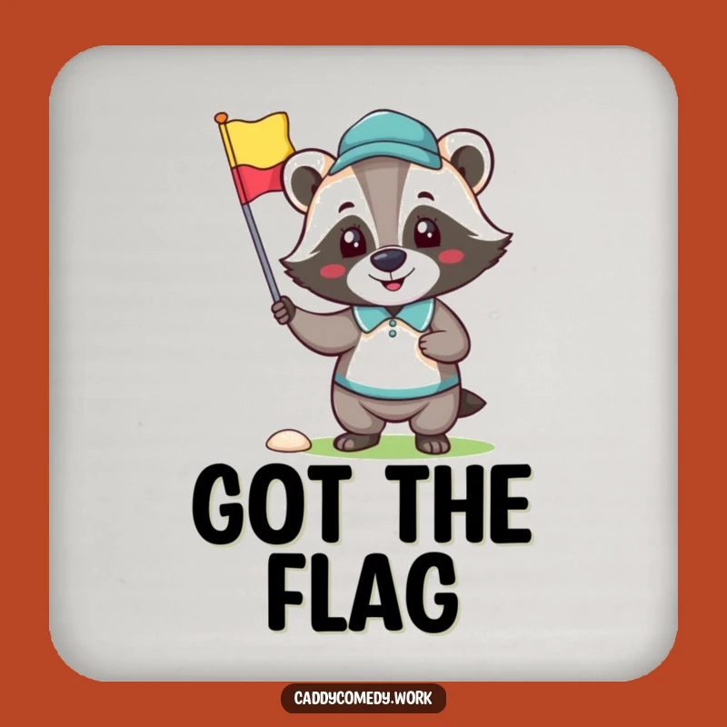 Funny Badger Golfer Drink Coaster: Happy Character Holding Flag Protector