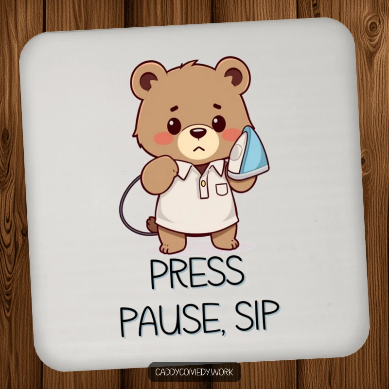 Funny bear golfer drink coasters featuring a determined bear ironing a golf shirt, protecting surfaces with determination and humor, a funny gift.