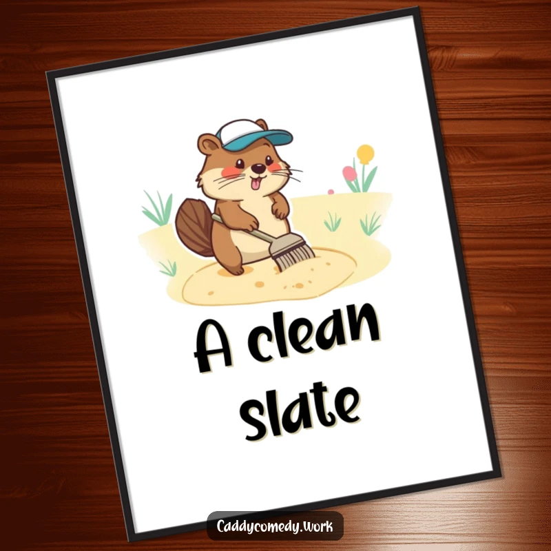 Funny poster art of a diligent beaver character meticulously raking a sand trap on a golf course.