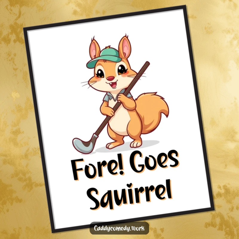 Funny squirrel caddying a huge golf club, depicted in a charming art print, bringing humor to any room.