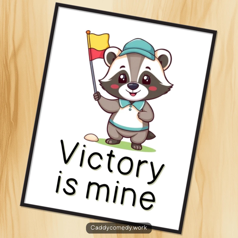 Funny poster art of a happy badger character proudly holding a golf flag, celebrating a successful golf game.