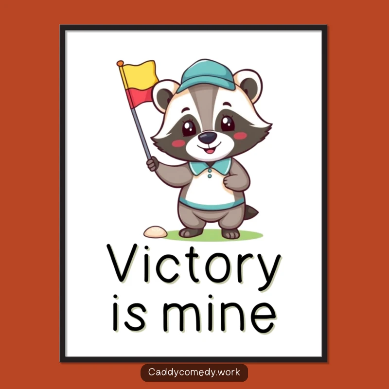 Funny Badger Golfer Poster: Happy Character Holding Golf Flag Art