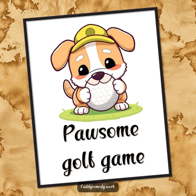 Funny dog golfer art print, showing a dog rolling a golf ball with its nose in a humorous, playful way.