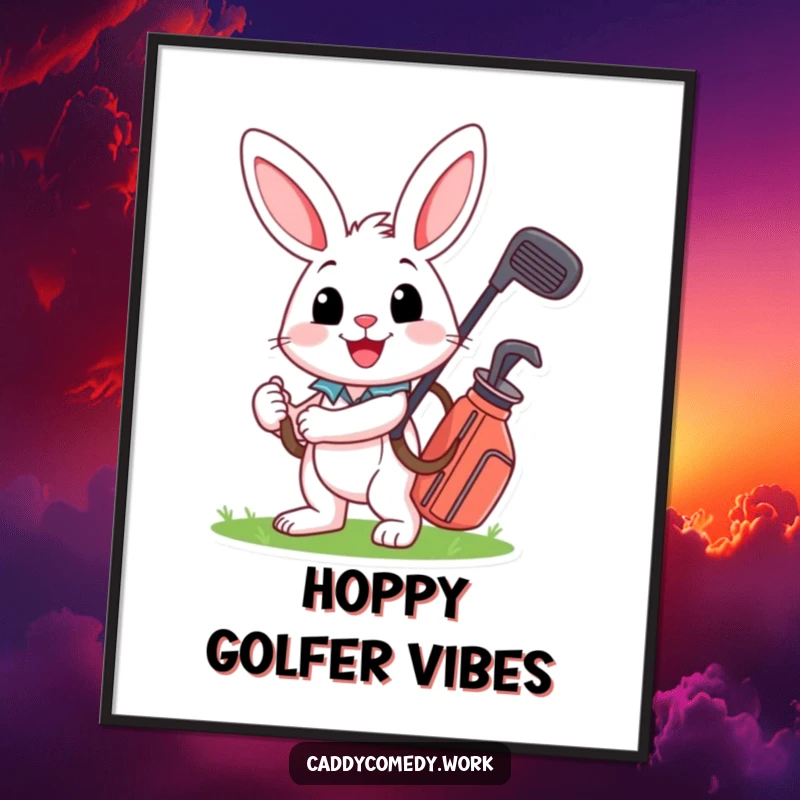 Funny rabbit golfer art print, smiling widely while carrying a golf bag, bringing cheer to any wall space.