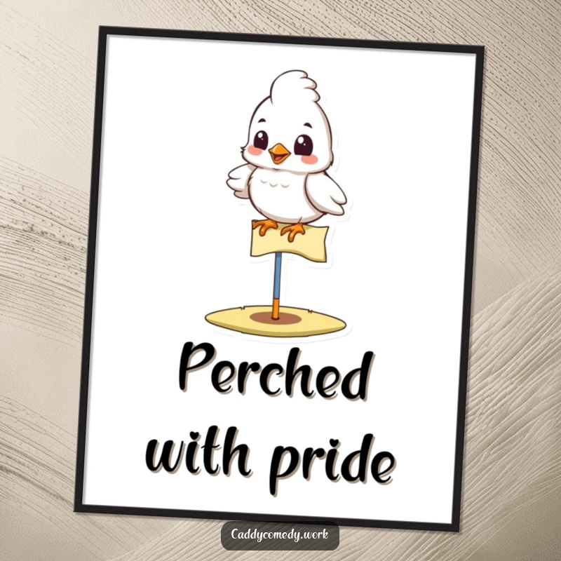 Funny bird golfer poster showing a proud bird perched on a golf flag, cheerful and humorous wall art, a funny gift.