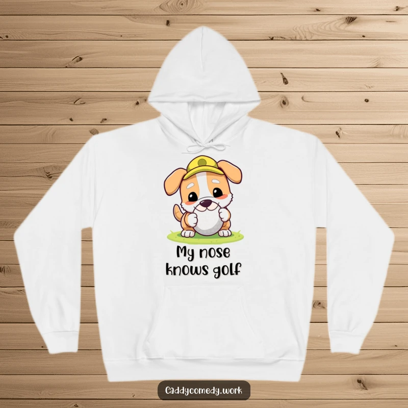 Funny, warm hoodie featuring a dog rolling a golf ball with its nose, ideal for cozying up.