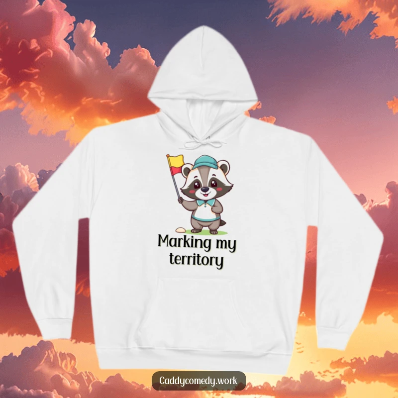 Funny hoodie featuring a happy badger character holding a golf flag, embodying golf success and joy.