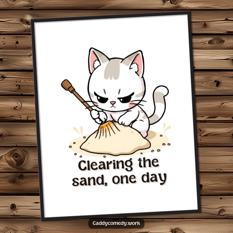 Funny Free Printable Wall Art: Cat character focused on meticulously raking a sand trap on a golf course.