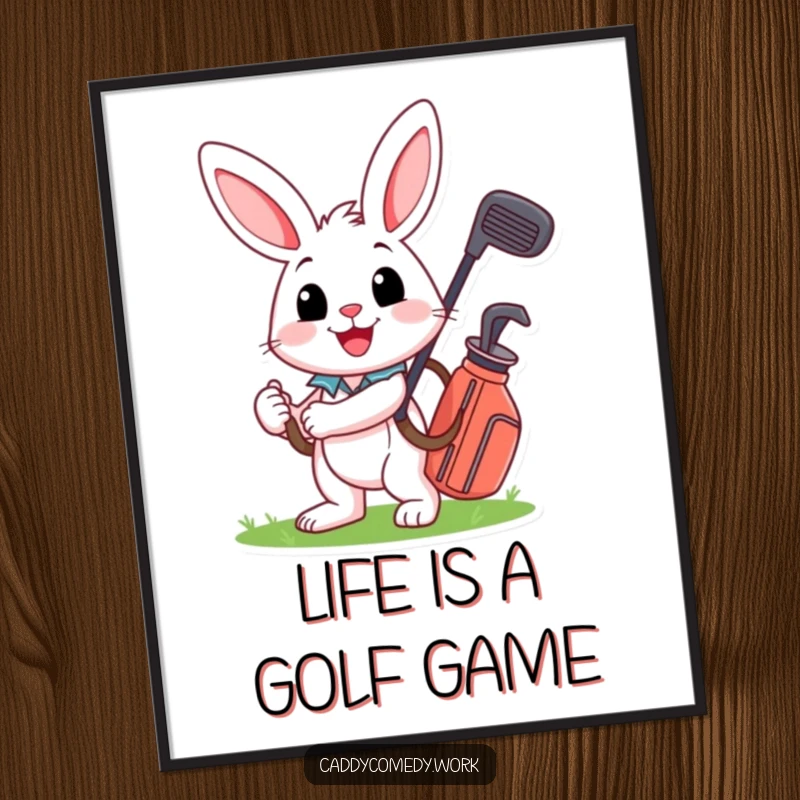 Funny Free Printable Wall Art: A happy rabbit character carrying a golf bag, spreading golf joy, print today.