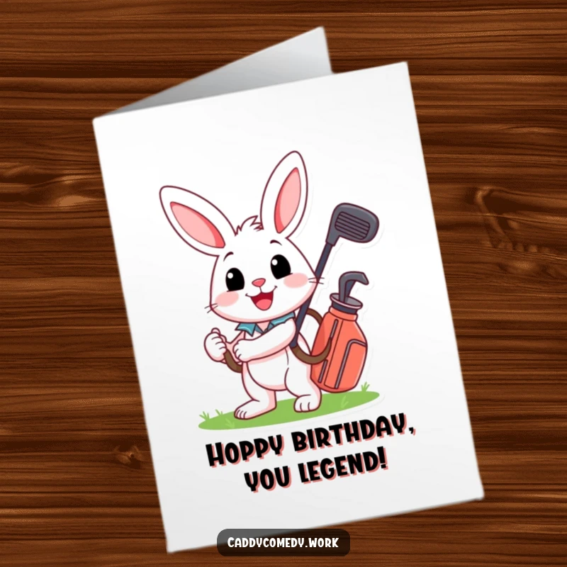 Funny Free Printable Birthday Card: Cheerful rabbit carrying a golf bag with a huge smile, ready to celebrate.