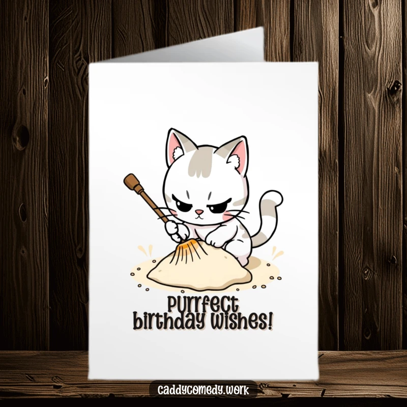 Funny Free Printable Birthday Card: Determined cat meticulously raking a sand trap on a golf course, birthday theme.