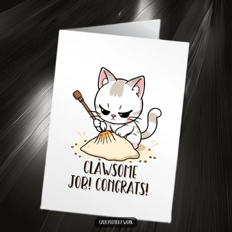 Funny Free Printable Congrats Card: Cat meticulously raking a sand trap, congratulating a perfect golf game.