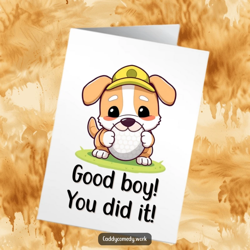 Funny Free Printable Congrats Card: Dog playfully rolling a golf ball with its nose, celebrating a golf achievement.