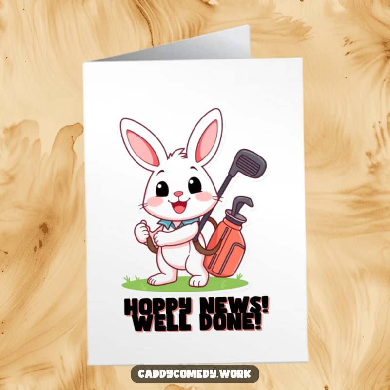 Funny Free Printable Congrats Card: Happy rabbit golfer with a big smile, congratulating a golf accomplishment.