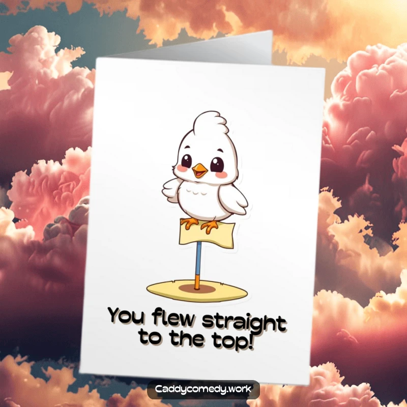 Funny Free Printable Congrats Card: A proud bird perches on a golf flag, celebrating success.
